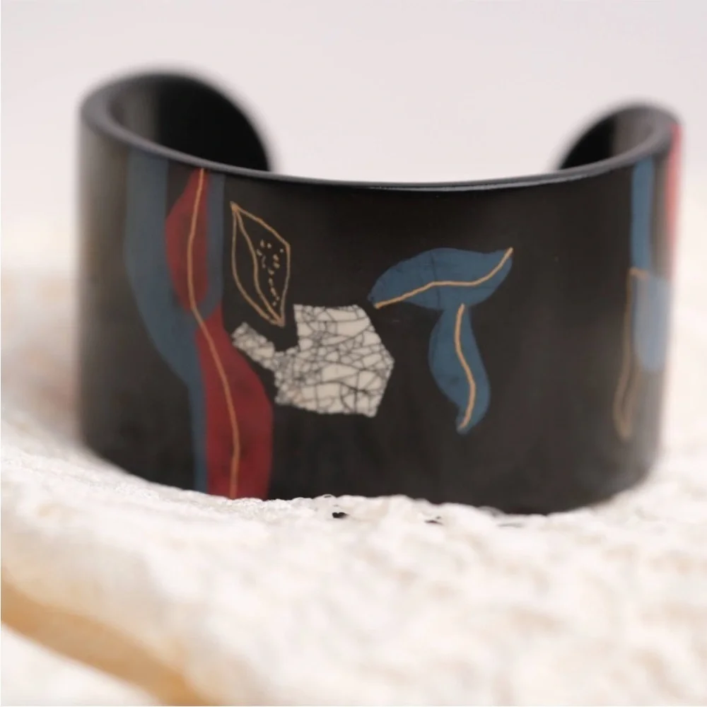 Black Wide Cuff Bracelet Abstract Inlay Modern Statement Bracelet
